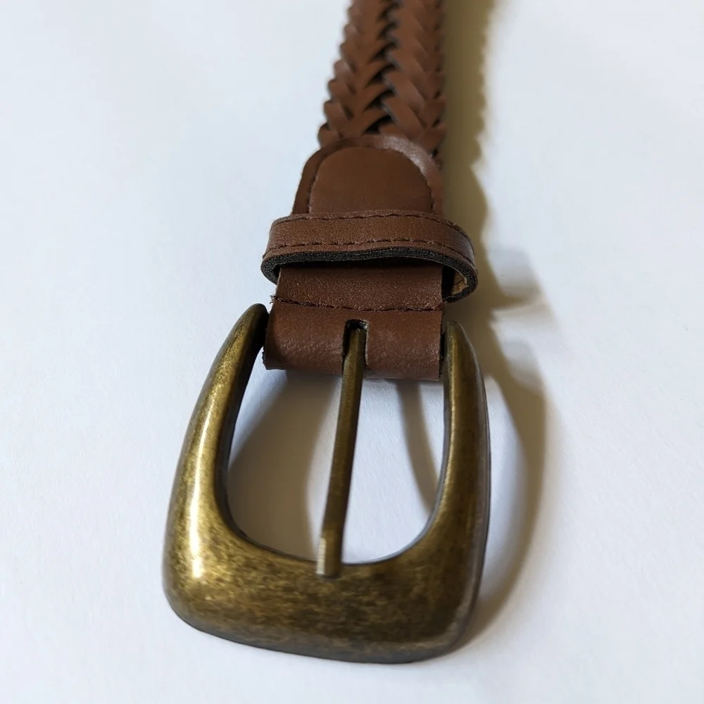 Braided Faux Leather & Suede Adjustable Unisex Belt Brown Olive Brass sz S 31 ½